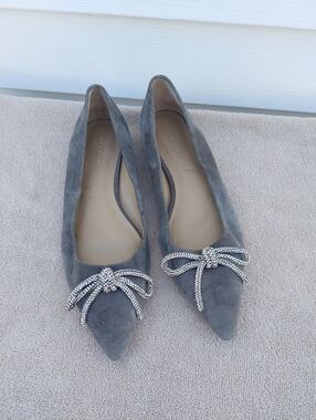 Ann Taylor Gray Suede Pointed-Toe Flats with Crystal Bow Accent